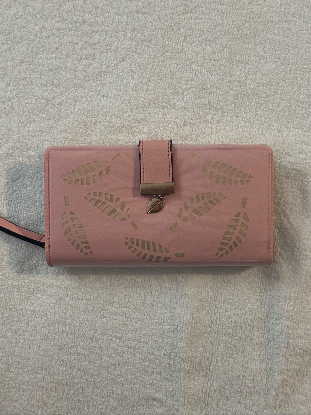 Women's Pink Faux Leather Wallet Gold Leaf Cutout Clutch Long Purse Card Holder - Picture 6 of 6